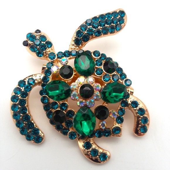 Turtle Brooch Rhinestone Pin Stylish Sea Sparkle Glam Inlayed Bold Tortoise NEW - Picture 1 of 5